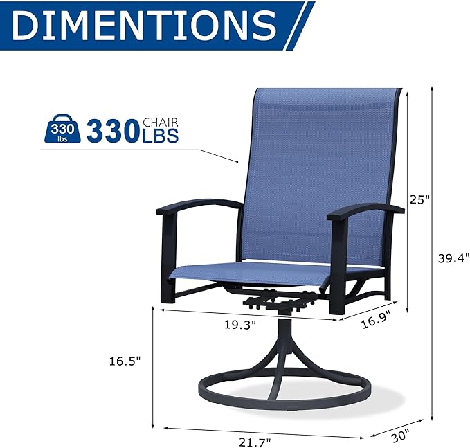 Patio Swivel Chairs Set of 2, Outdoor Swivel Chairs with Armrest, High Back Patio Chair with Metal Frame, All-Weather Outdoor Dining Chair for Deck, Porch and Lawn, Blue