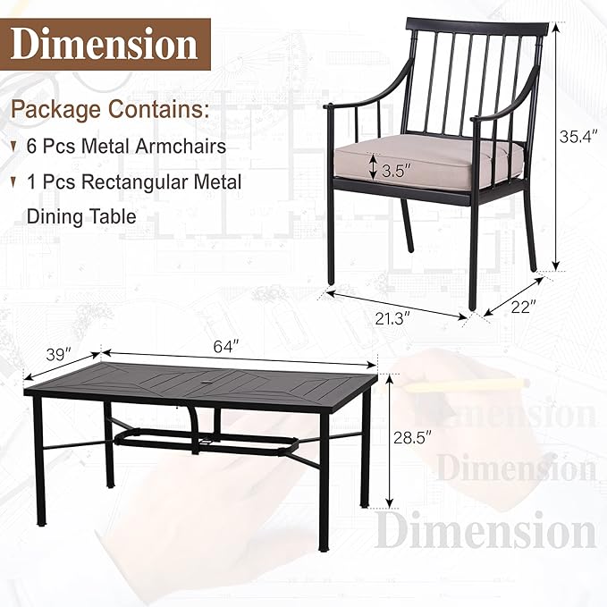 Sophia & William 7 Pieces Metal Patio Dining Set, Rectangle Outdoor Table of 1.77" Umbrella Hole and 6 Armchairs with Seat Cushions, Outdoor Conversation Furniture for Porch Backyard Balcony Deck