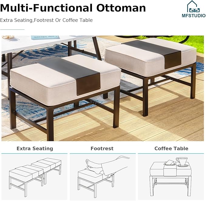 MFSTUDIO 6 Pieces Patio Furniture Sets with 45" Gas Fire Pit Table(Up to 7 Seat),Outdoor Metal Conversation Sofas with 1 x 3-Seat Sofa, 2 Sofa Chairs and 2 Ottoman,Beige Cushion