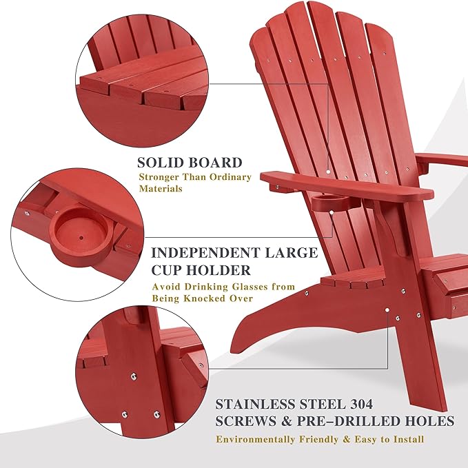 Psilvam Adirondack Chair, Oversized Poly Lumber Fire Pit Chair with Cup Holder, 350Lbs Support Patio Chairs for Garden, Weather Resistant Adirondack Chair Looks Like Real Wood (2, Red)
