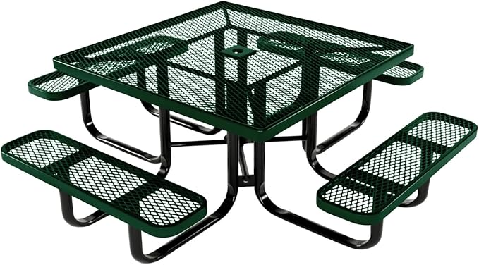 COATEDOUTDOORFURNITURE Heavy-Duty Portable Outdoor Kids Table with Umbrella Hole, Expanded Metal Kids Picnic Table, Commercial-Grade, Made in America (46 in, Square, Childrens, Green)