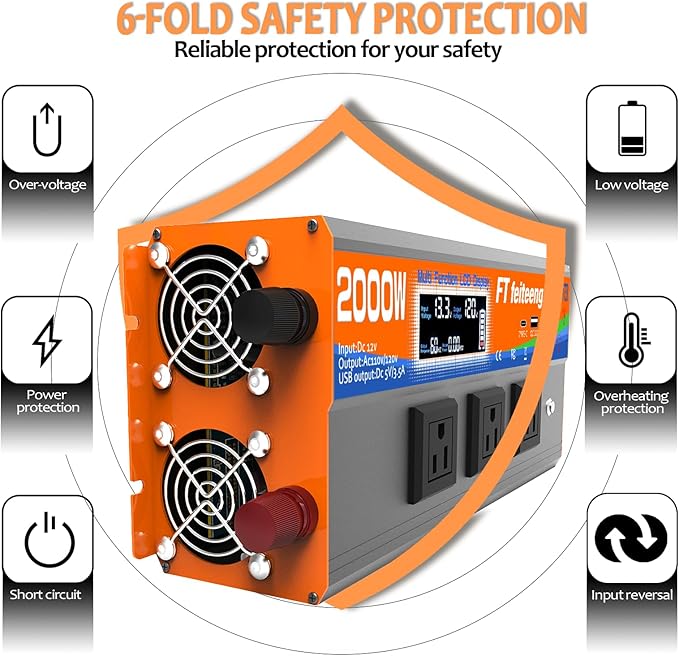 2000 Watt Inverter, Inverter 12v to 110v, LCD Display, 3 Ac Outlets, USB-C & Qc3.0 Ports, Dual Smart Fans, Remote. Power Inverters for Vehicles for Camping, Emergencies, Trucks, Rv, Off-Grid Solar