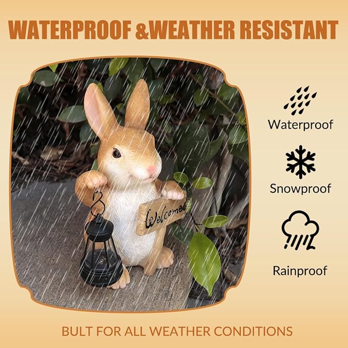 Solar Rabbit Garden Statue with Welcome Sign, Solar Rabbit Welcome Light Decor, Bunny Statues, Garden Decor for Patio Lawn Yard