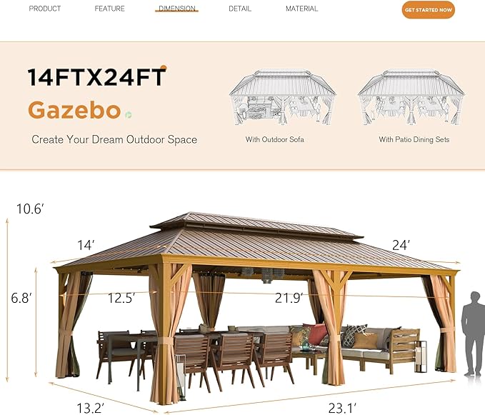 EROMMY 14'x24' Hardtop Gazebo, Galvanized Steel Double Roof with Wood-Looking Aluminum Frame, Outdoor Permanent Metal Pavilion with Curtains and Nettings for Patio, Backyard and Deck