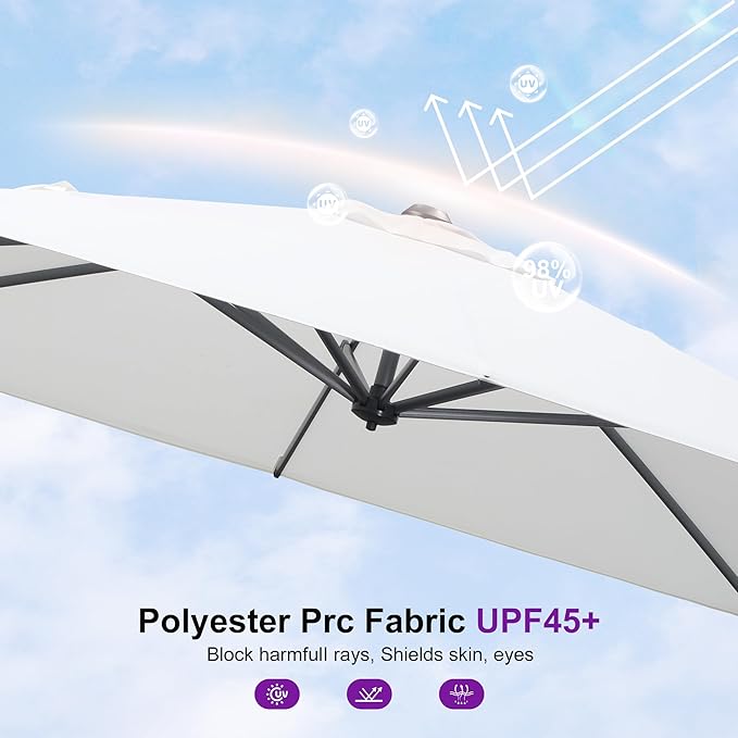 PURPLE LEAF 8' X 8' Patio Umbrella with Base for Pool 7' High Offset Outdoor Cantilever Umbrella Swimming Pool Umbrella with 360°Rotation for Poolside White
