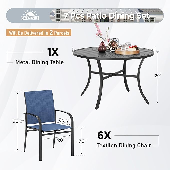 7 Piece Outdoor Dining Set for 6, 54" Round Metal Table with Umbrella Hole, 6 Blue Dining Chairs, Patio Table and Chairs Set for Backyard Lawn