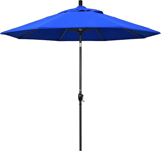 California Umbrella 9' Round Aluminum Market Umbrella, Crank Lift, Push Button Tilt, Black Pole, Sunbrella Pacific Blue