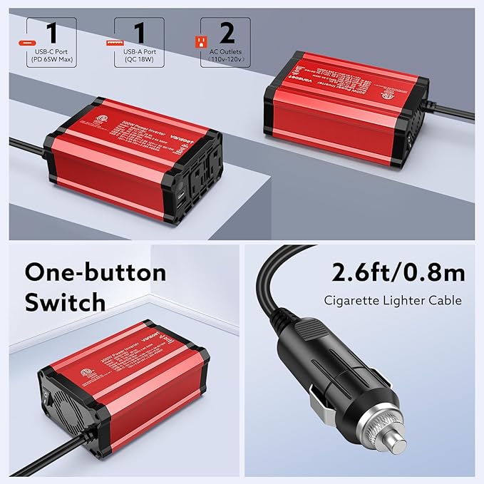 300W Power Inverter 12V DC to 110V AC, vansoet Fast Car Charger Plug in Adapter Outlet with PD 65W USB-C&QC 18W Port, Portable Power Converter for Laptop Vehicles Camping Road Trip Essentials Adults