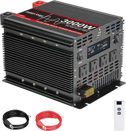 3000W Pure Sine Wave Power Inverter 12V DC to 110V AC Converter Peak Power 6000W Car Inverter with 4 AC Outlets, 1 USB Port, Cables Included & Remote Controller for RV Truck Off-Grid Solar