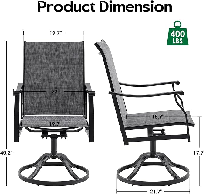 Patio Swivel Chairs Set of 2, Outdoor Dining Chairs with Padded Textilene, Swivel & Rocker Metal Outdoor Patio Dining Chairs All-Weather for Backyard, Grey Fabric with Black Frame