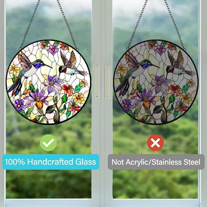 Stained Glass Hummingbird Suncatcher Window Hanging - Handmade Stained Glass Bird Suncatchers for Windows Hanging - Wildflowers Sun Catchers Wall Art Home Garden Decor Panel Gifts for Women Mom Wife