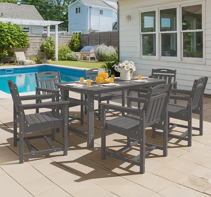 Ciokea HDPE Outdoor Dining Set 7-Piece Patio Table and Chairs with Umbrella Hole, All-Weather Patio Dining Set for 6, Durable Patio Furniture Set for Backyard, Garden, Lawn & Poolside, Grey