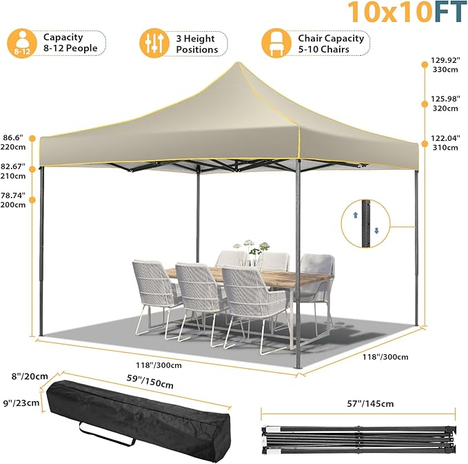 COBIZI 10x10 Pop Up Canopy Tent, Easy Setup Canopy with Sidewalls Waterproof & UPF 50+, Heavy Duty Commercial Instant Craft Fair Tent for Party, Event, Vendor, Farmer Market(Khaki)