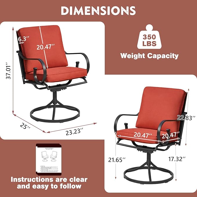 MELLCOM Patio Swivel Chair Set of 6, Heavy Duty Outdoor Dining Chairs with Thickened Cushions, Metal Patio Chairs Gentle Rocker for Outside, Garden Lawn & Porch, Backyard, Red