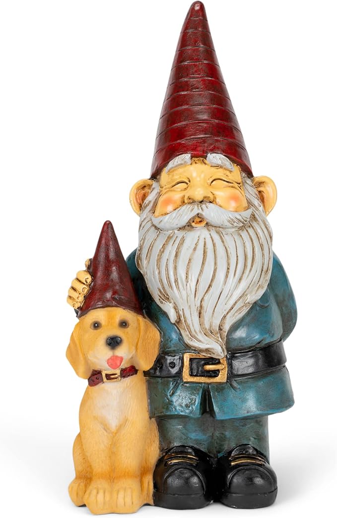 NAT & JULES Gnome 12 inch Resin Stone Garden Statue (Gnome and Dog Colorful)