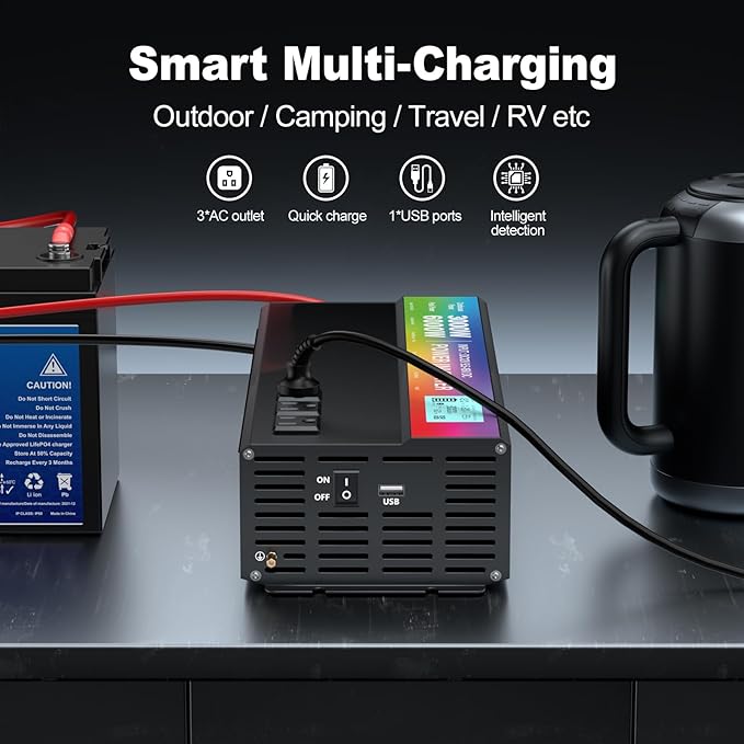3000W Power Inverter,Peak Power 6000W 12V DC to AC 110V120V,with 3 AC Outlets and 3.4 A USB Port,LED Display for Power Converter,Outdoor Activities,Emergency,Vehicles Truck RV Solar System