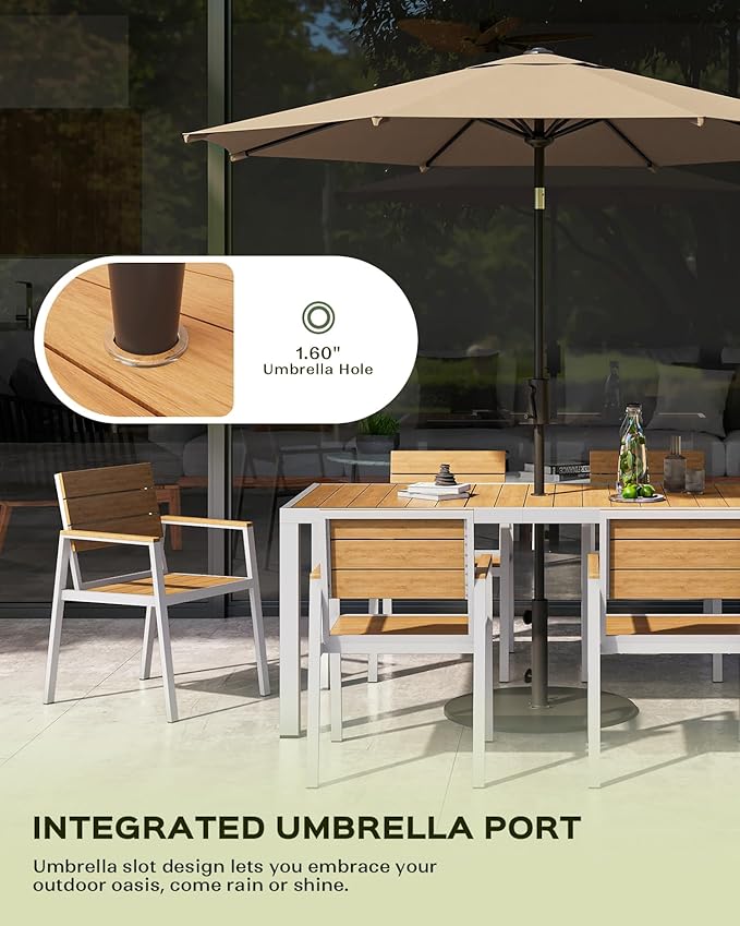 Outdoor Dining Set for 6, Patio Table and Chairs Set, Aluminum Patio Furniture Set with Umbrella Hole, HDPS Patio Dining Table Set for 6 (White-Teak)