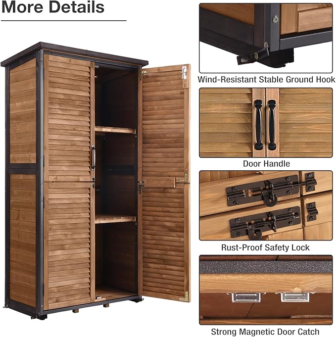 Outdoor Storage Shed, Outdoor Storage Cabinet with Sturdy Iron-Frame & Anti-Corrosion Wood, Adjustable Shelves, Weather-Resistant Louvered Door for Garden Tools, Patio Utility Tool Storage