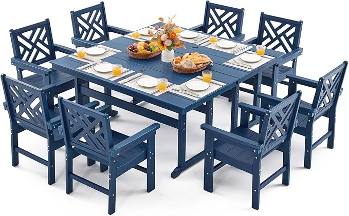 10 Piece HDPE Outdoor Dining Set for 8, Patio HDPE Furniture Set with 2 Table and Umbrella Hole, Outdoor Table and Chairs for Garden, Poolside, Backyard, Deck