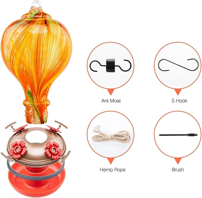 Muse Garden Hummingbird Feeders for Outdoors Hanging, Blown Glass Hummingbird Feeder, Unique Hummingbird Gifts for Women, Garden Backyard Decor, 32OZ, Orange Stripes
