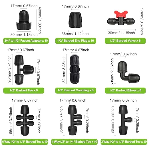 MIXC 1/2 to 1/4 Drip Irrigation Fittings, Anti-Leak 4-Way Barbed Tee Connectors, Push-to-Connect Irrigation Fittings for 1/2" Tubing (1/2" ID x 0.67" OD) 10 Pack