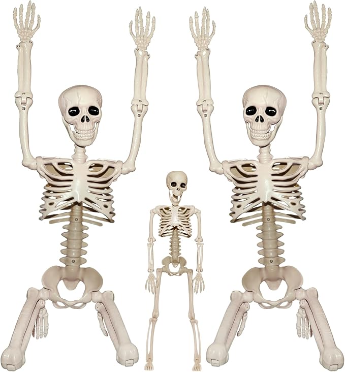 Skeleton Halloween Decorations Outdoor Indoor - 2Pcs 36" 1Pcs 16" Posable Plastic Skeleton, Movable Joints Full Body Bones,Funny Halloween Decor for Party,Porch,Haunted House,Yard, Garden,Graveyard