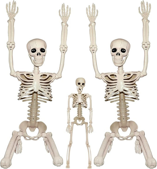 Skeleton Halloween Decorations Outdoor Indoor - 2Pcs 36" 1Pcs 16" Posable Plastic Skeleton, Movable Joints Full Body Bones,Funny Halloween Decor for Party,Porch,Haunted House,Yard, Garden,Graveyard