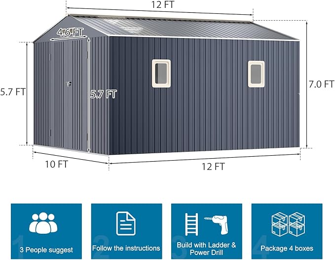 10x12 FT Metal Outdoor Storaged Shed with Floor Base Waterproof Reinforced Frame with Unique Clear Roof Skyview Windows Air Vents Door for Garden Patio Backyard Large Tools Storage Lawnmower,Dark Grey