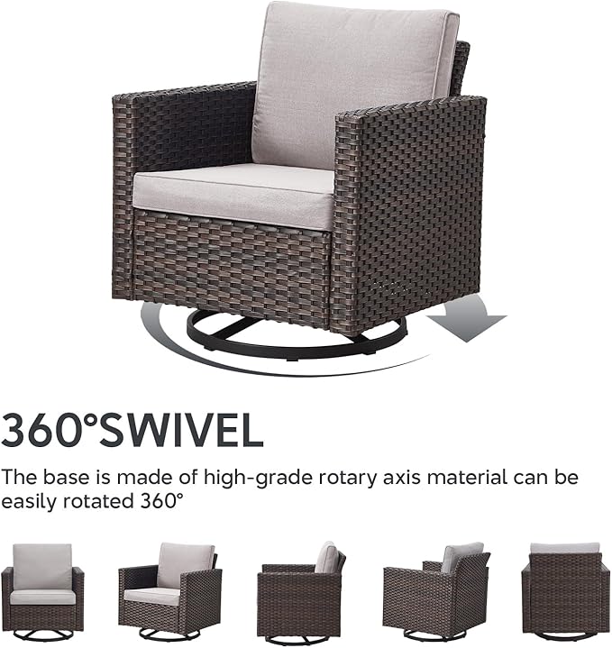 Outdoor Swivel Rocker Chairs - 5 Piece Patio Bistro Set Wicker Patio Rocking Chairs Set with Side Table and Ottomans, 360° Swivel Glider Proch Furniture for Balcony Deck - Brown/Beige