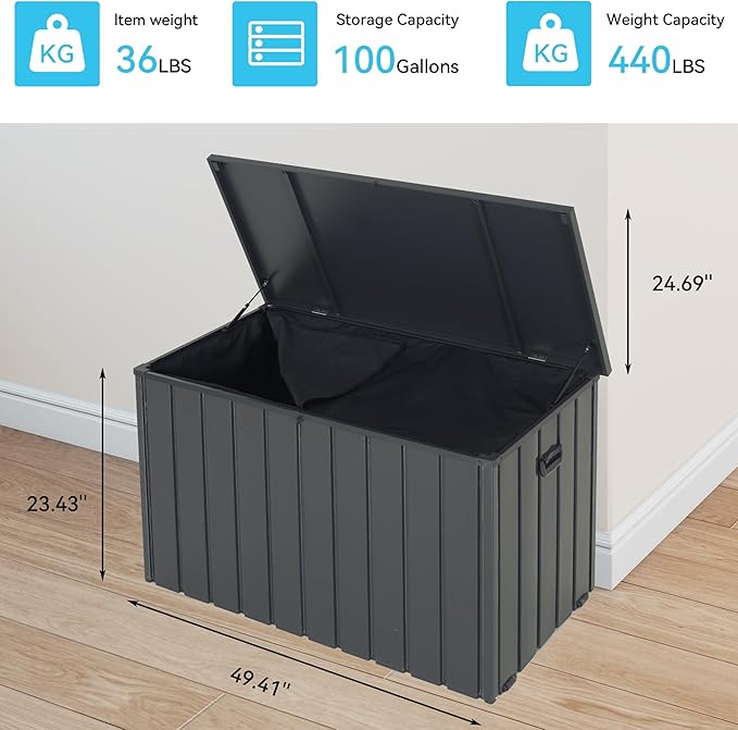 Outdoor Storage Box, 100 Gallon Metal Deck Box Built-in a Oxford Fabric Storage Bag, Lockable & Waterproof Outside Patio Storage Box for Cushions, Tools, Pool Floats- Grey
