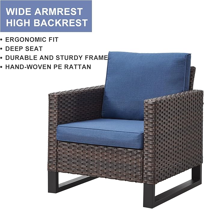 HUMMUH 8 Piece Patio Furniture All Weather 6-Seater Outdoor Sectional Sofa with Patio Swivel Chairs and Outdoor Chairs Ottomans for Porch,Garden,Backyard,Deck(Brown/Blue)