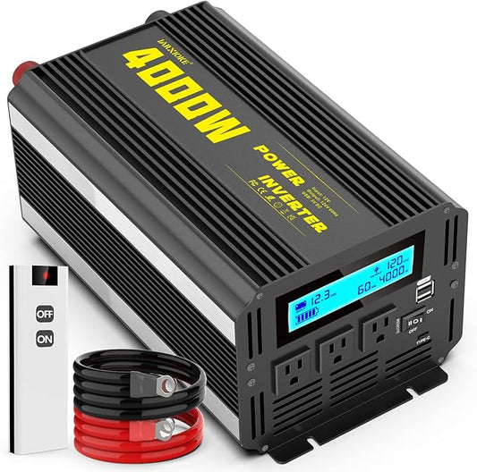 4000 Watt Modified Sine Wave Power Inverter, 12V DC to AC 110V/120V (Peak) 8000W Converter 3 Outlet Car Inverter with Remote Control and LED Display 3.4A USB Port