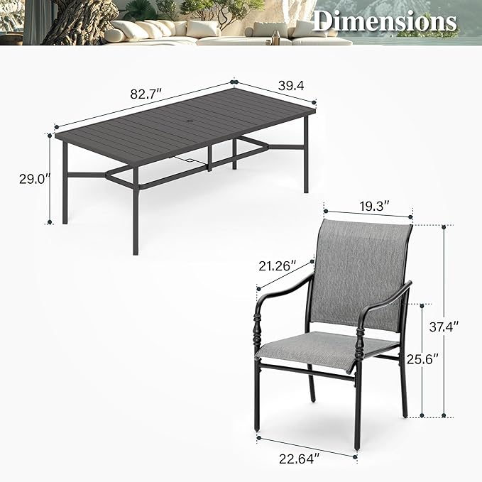 HERA'S HOUSE Outdoor Dining Sets for 8, 9 Pieces Patio Table and Chairs Set, 83” Rectangle Metal Table with Textilene Chairs for Backyard Garden Lawn