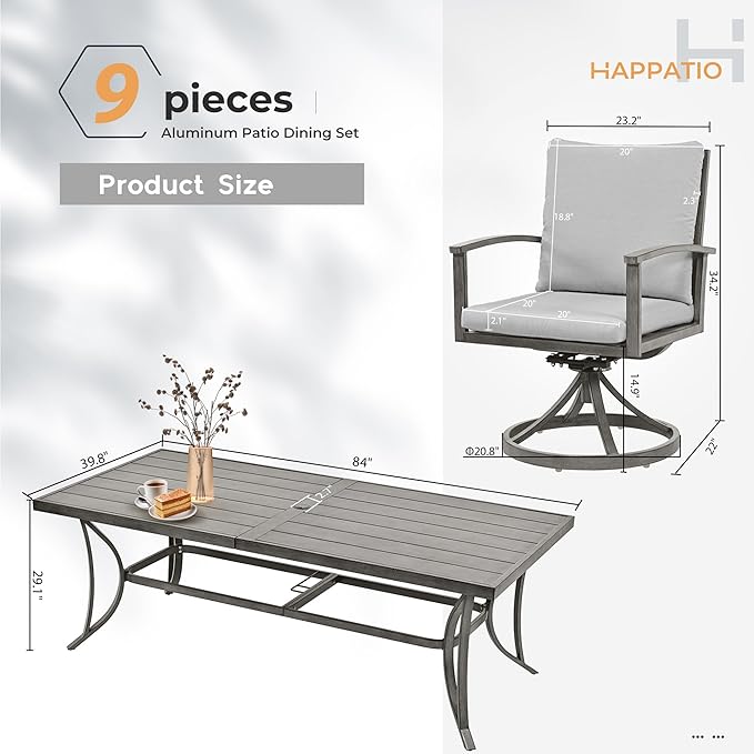 HAPPATIO 9-Piece Patio Outdoor Dining Set - All Aluminum Patio Table and Chairs Set for 8 Includes 1 Rectangular Dining Table and 8 Swivel Dining Chairs with Cushions for Lawn, Garden