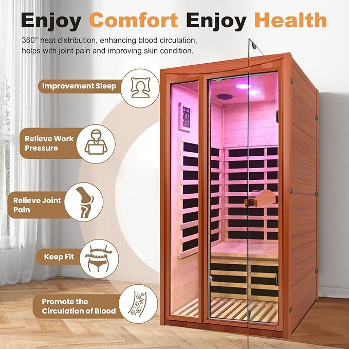 1-2 Person Home Sauna Low EMF Far Infrared Sauna with Red Light Bluetooth Speakers Indoor Dry Sauna 1550W 110V 39.37"x35.43"x74.8"