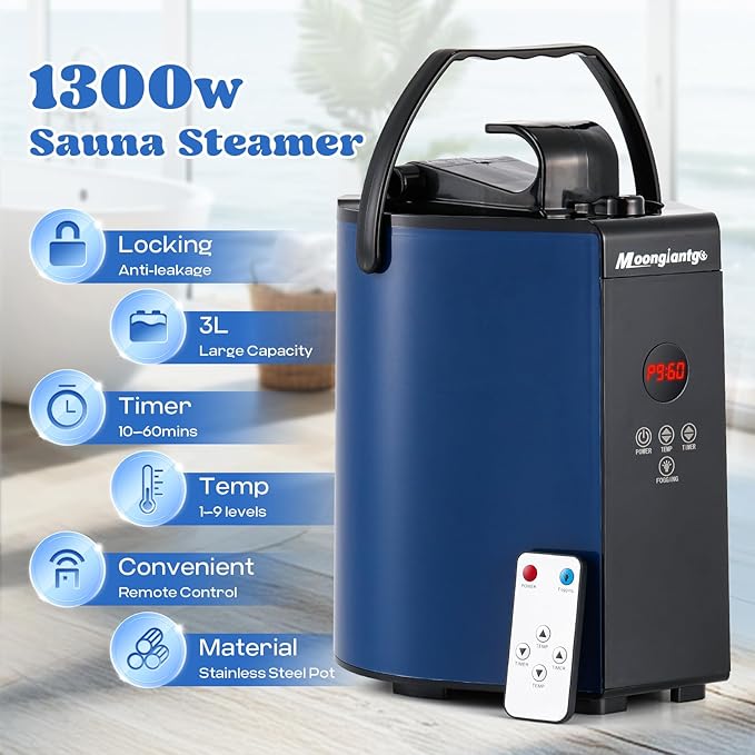 Moongiantgo Portable Sauna Steamer, 3L Locking Steamer Machine with Remote Control, 1300W Stainless Steel Pot for Home Spa Fumigation Mini Steam Generator, 6 Timer, 9 Temperature Levels, 110V