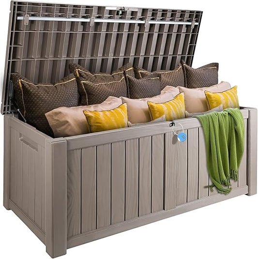VEVOR Deck Box, 120 Gallon Outdoor Storage Box, 56.3" x 26.6" x 23.8", Waterproof PP Deckbox with Aluminum Alloy Padlock, for Patio Furniture,Garden Tools, Outdoor Cushions, Gray
