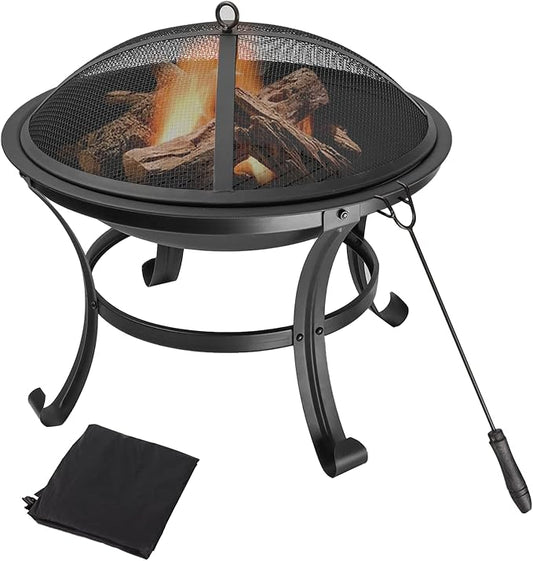 22-Inch Portable Round Metal Fire Pit Set, Durable Wood Burning Fireplace/Firepit with Steel Bowl, Mesh Lid, Poker, and Cover