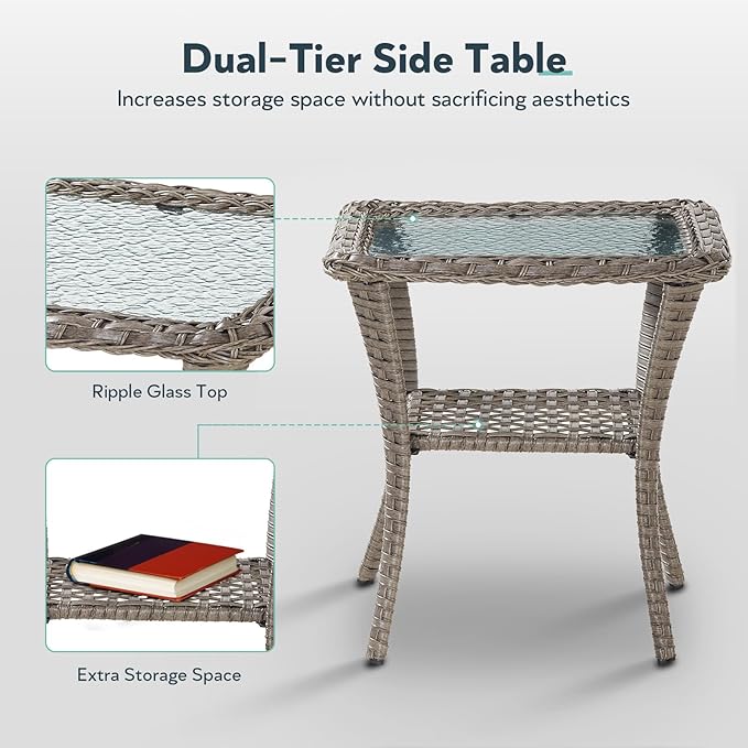 7 Piece Patio Furniture Set with Fire Pit Table - Wicker Patio Conversation Set with Swivel Glider, Glider Loveseat, Side Table and 2 Ottomans for Deck Backyard - Grey Wicker Grey Cushion