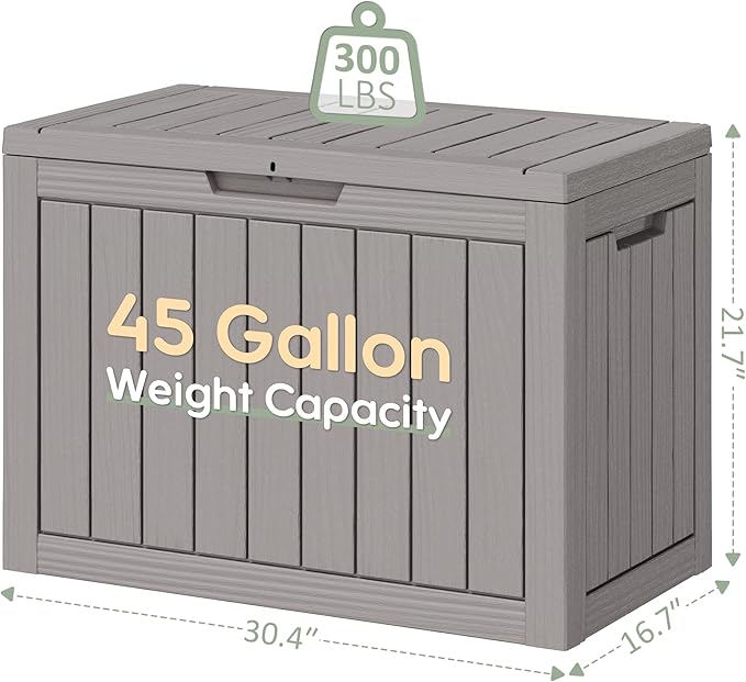Outdoor Storage Box, 45 Gallon Outside Deck Box Waterproof,Resin Outdoor Storage Cabinet With Lockable Lid,Backyard Storage Bench For Garden Tools,Patio Cushions, Pool Tools, Package Delivery