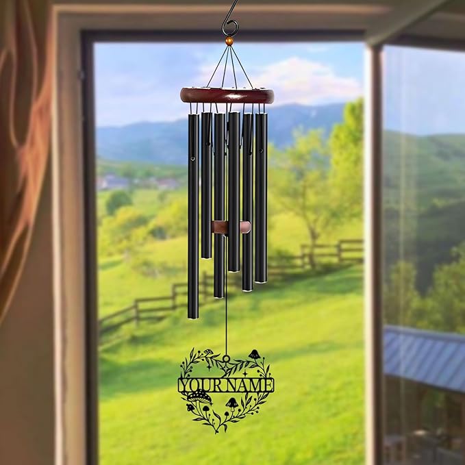 Personalized Customize Name Fantasy Mushroom Wonderland Wind Chime, Metal Iron 37 Inch Outdoor Memorial Gift for Garden Yard Patio Home Decor, Black (Style F)