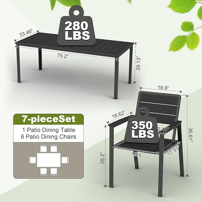 7-Piece Patio Dining Set with 11 FT Curvy Cantilever Umbrella, HDPE Tabletop & Aluminum Frame All-Weather Outdoor Furniture for Garden, Backyard, Poolside, Black