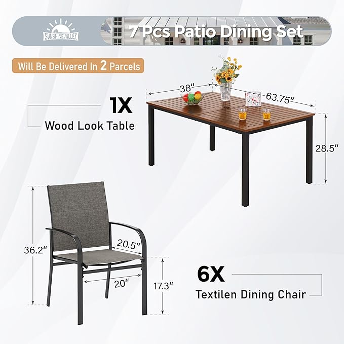 7 Piece Outdoor Dining Set for 6, Rectangular Wood-Like Metal Table with Umbrella Hole and 6 Dining Chairs, Outdoor Table and Chairs for Lawn Garden Backyard and Deck, Brown