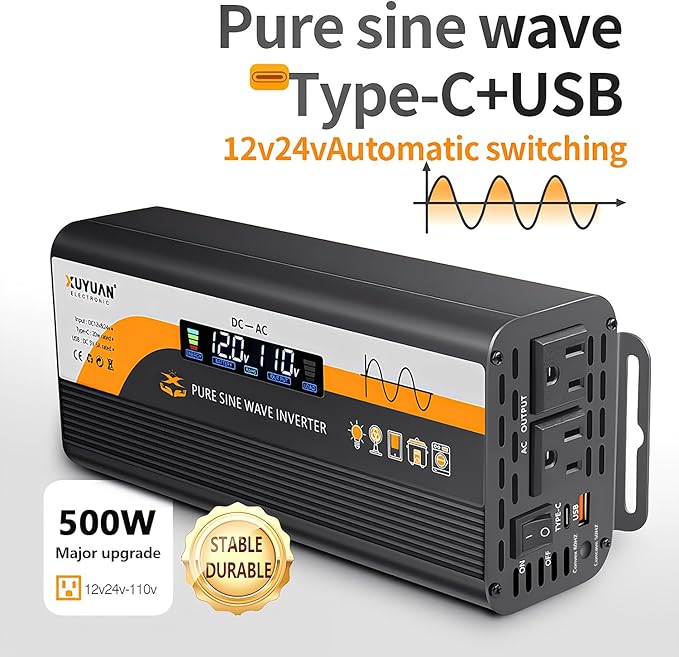 500W Pure Sine Wave Inverter (1000W Peak), 12V/24V Auto-Detect, 50Hz/60Hz Switchable, LCD Display, Type-C Fast Charging, Silent Design, Overload & Overheat Protection for RV, Home (Black-500W)