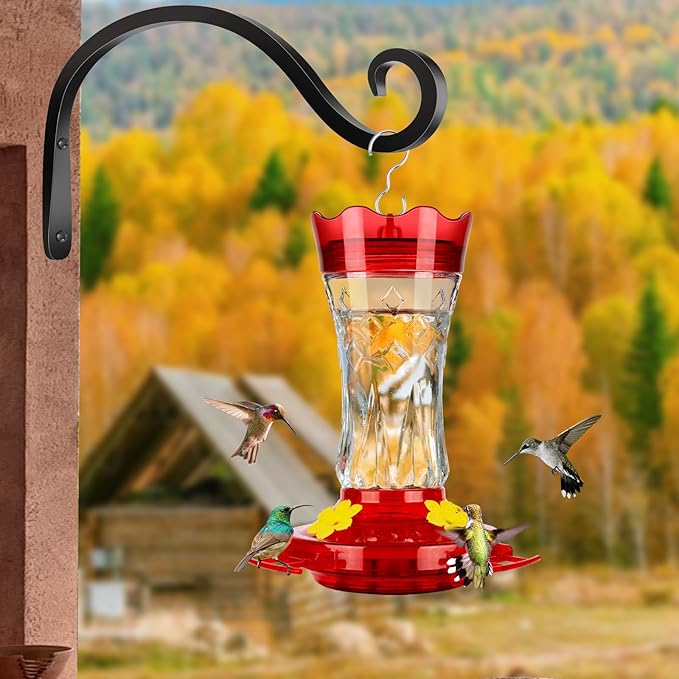 Hummingbird Feeders for Outdoors Hanging, BOLITE Glass Hummingbird Feeder, 4 Bee Guard Feeding Ports, Built-in Ant Moat, Leak Proof, 15 Ounces, Stars Decor, Red, 2 Pack, Gifts for Women Men