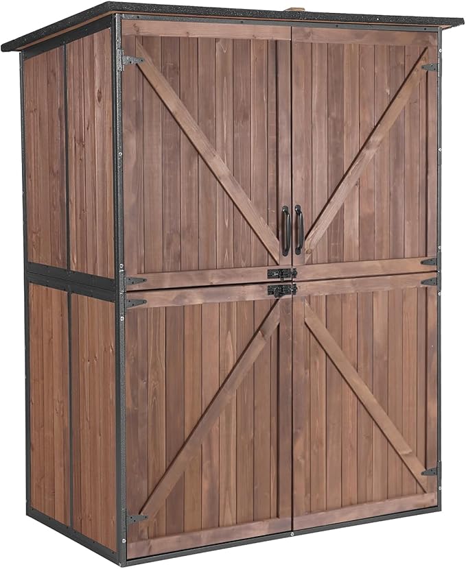 Storage Shed Outdoor Cabinet with Strong Iron Frame Large Wooden Garden Shed Tool House with Adjustable Shelfs,Brown