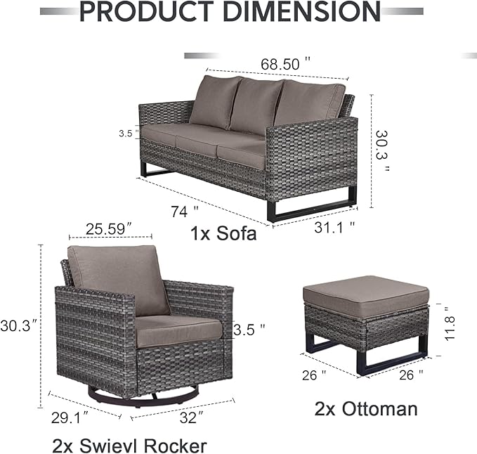 5 Piece Wicker Patio Furniture Set - Outdoor Swivel Rocker Chairs Set with 3 Seat Sofa and Ottomans, Small Patio Conversation Sets Proch Furniture for Balcony Deck - Grey/Grey