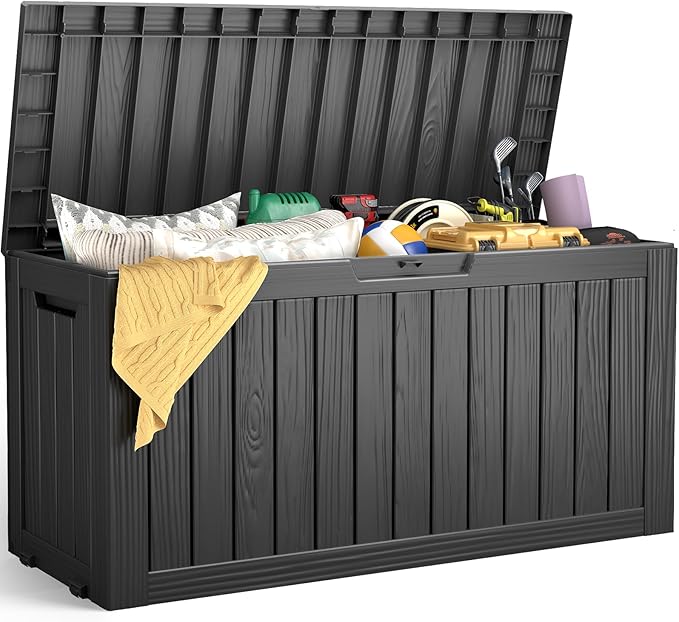 Outdoor Storage Box, 72 Gallon Deck Box Waterproof, Resin Patio Storage Bin for Package Delivery, Patio Furniture Cushion, Garden Tools, Pool Accessories, Weatherproof, Black