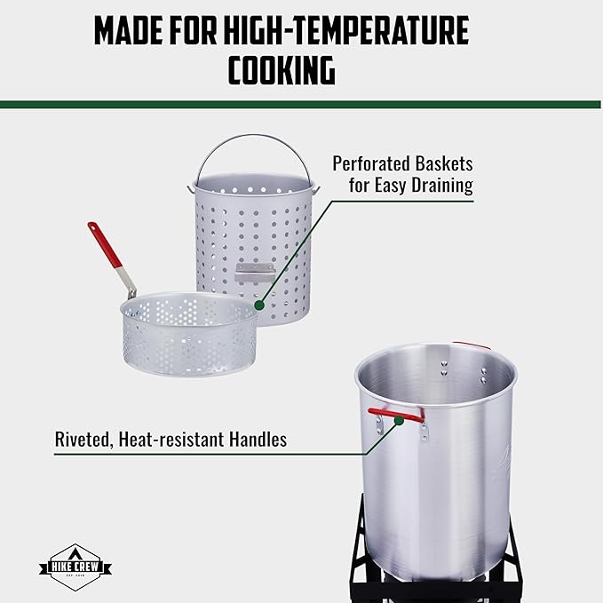 Hike Crew 50,000 BTU Outdoor Propane Turkey Fryer Kit with igniter and Stainless-steel funnel – Complete Kit Includes 30qt and 10qt pots ant strainer baskets , 12-Inch and 5-inch thermometers rack and