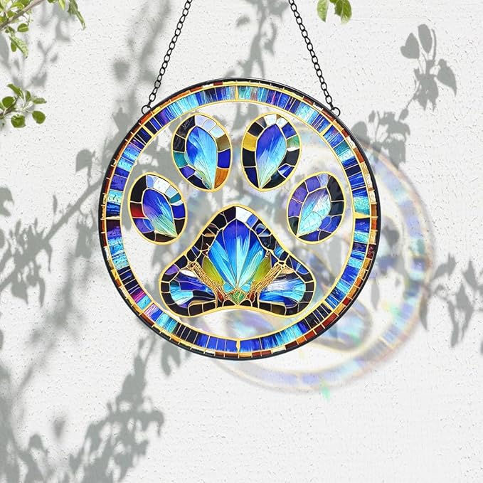 Dog Cat Paw Print Suncatcher Stained Glass Window Hanging - Handmade Stained Glass Panel Suncatchers for Windows Hanging - Sun Catchers Indoor Window Decor Memorial Catcher Remembrance Birthday Gift
